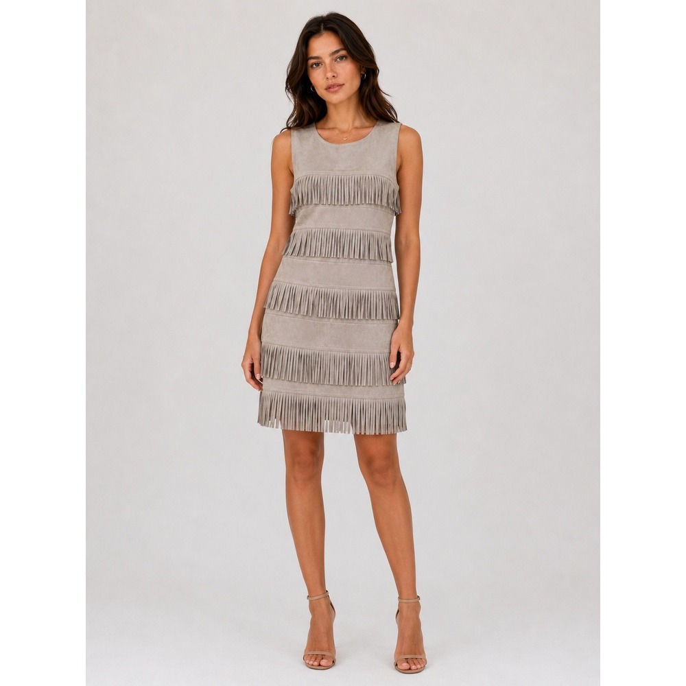 Calvin Klein‎ 6 Faux Suede Fringe Dress Sleeveless Beige boho concert cowgirl